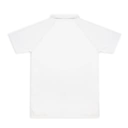 A white custom men's active polo shirt with a plain back and a collar. It features a logo.