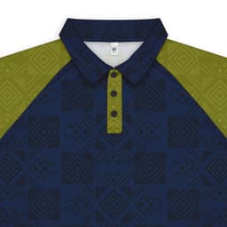 A custom men's active polo featuring a navy body with green patterned sleeves and a collar, complete with a logo.