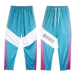 Custom youth active pants in teal with purple and white geometric designs, featuring a logo on one side.