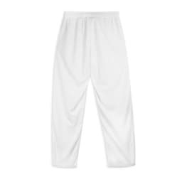 White custom youth active pants with an elastic waistband and a simple design. The garment features a logo.