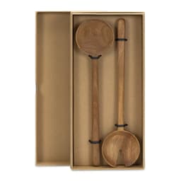 Two wooden salad servers, one rounded and one forked, displayed in a rectangular box. The wood has a natural finish.