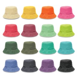 A variety of Bondi Washed Bucket Hats in multiple colours, featuring a logo on each hat.