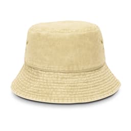 A beige bucket hat with a textured finish and a logo, featuring a wide brim.