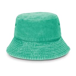 A green washed bucket hat with a round crown and wide brim, featuring small side vents and a textured finish.