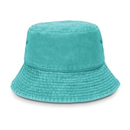 A teal bucket hat with a wide brim, featuring a textured fabric and eyelets for ventilation.
