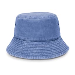 A blue washed bucket hat with a wide brim and textured fabric. Features ventilation holes and a logo.