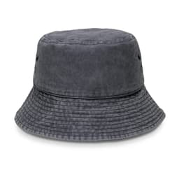 A grey bucket hat with a textured design and a circular brim, featuring ventilation holes and a logo.