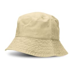 A beige bucket hat with a wide brim and textured surface, featuring a branding logo.