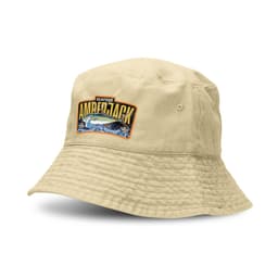 A beige bucket hat featuring an embroidered fish design and a logo.