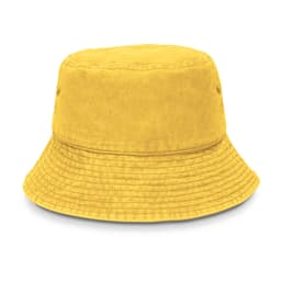 A yellow bucket hat with a wide brim and textured fabric, featuring side ventilation holes.