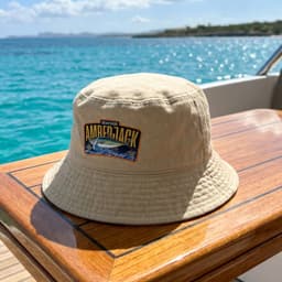 A beige bucket hat with a logo sits on a wooden surface by turquoise water.