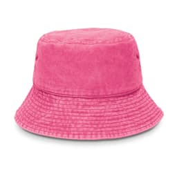 A pink bucket hat with a textured finish and a wide brim, featuring eyelets for ventilation.
