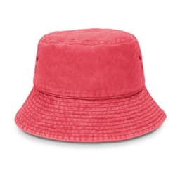 A pink bucket hat with a wide brim and textured fabric, featuring ventilation eyelets and a logo.