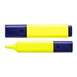A highlighter featuring a yellow body with a blue cap and tip. It has a logo on the casing.
