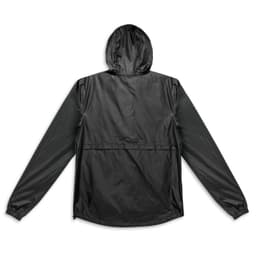 A unisex windbreaker in black with a hood and long sleeves, featuring a logo on the back.