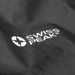 A close-up of a black windbreaker featuring a logo on the front. The fabric has a subtle textured pattern.