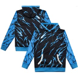 A custom men's active hoodie featuring a black base with electric blue lightning patterns and a blue hood.