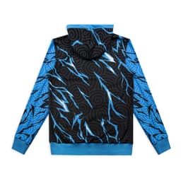 A custom men's active hoodie featuring a black base with blue lightning patterns and a blue hood.