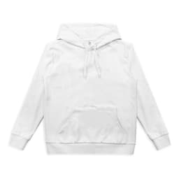 A white women's active hoodie featuring a front pocket and a hood, with a branding logo.