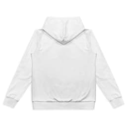 A white custom women's active hoodie with a hood, featuring a minimalist design and ribbed cuffs.