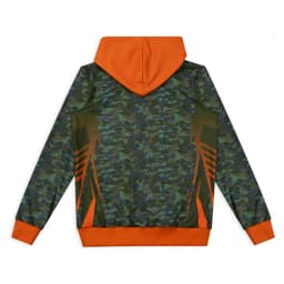A custom youth active hoodie in camouflage green with orange accents and a hood, featuring a logo.