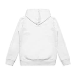 A white youth active hoodie featuring a hood and ribbed cuffs, with a plain back and a branding logo.