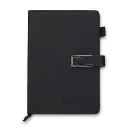 A black weekly diary with a clasp and a logo, featuring a simple and elegant design.