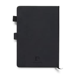 A black weekly diary with a textured cover and ribbon bookmarks, featuring a logo on the front.