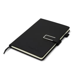 A black diary with a sleek cover and a metallic clasp, featuring an interior with cream pages and a logo.