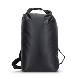 A black 20L dry bag with adjustable straps and a roll-top closure. It features a logo on the front.