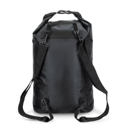 A black 20L dry bag with adjustable straps and a buckle closure, featuring a logo on the surface.