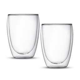 Two clear glass tumblers featuring a double wall design, offering an elegant and modern look.