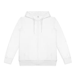 A white zipped hoodie with a hood, featuring front pockets and a logo on the label.