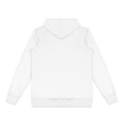 A white zipped hoodie featuring a hood and long sleeves, with a small logo on the back.
