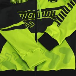 A vibrant yellow and black zipped hoodie featuring contrasting patterns and a logo. Ideal for active wear.