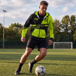 A man wearing a vibrant yellow and black active zipped hoodie dribbles a soccer ball on a grassy field.