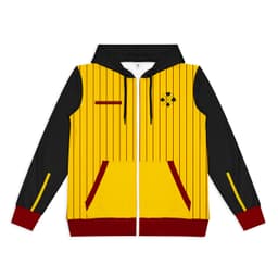 A zipped hoodie featuring a yellow and black colour scheme with striped detailing and a logo.