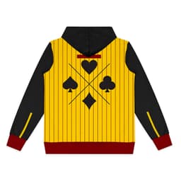 A custom women's active zipped hoodie in yellow with black sleeves, featuring a playful design of playing card symbols.
