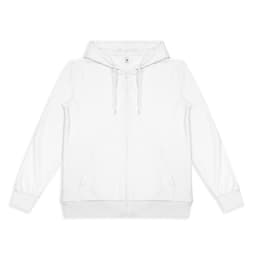 A white zipped hoodie with a hood, front pockets, and drawstring, featuring a logo on the label.