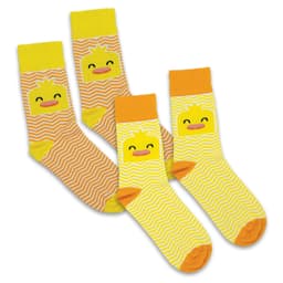 A set of two pairs of brightly coloured socks featuring smiling duck designs in yellow and orange tones.