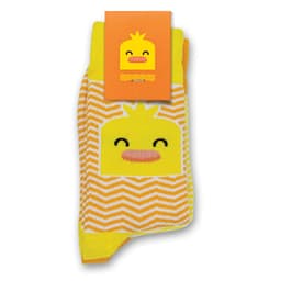 A set of two yellow knitted socks with a smiling duck design and a zigzag pattern. Includes a tag with a duck logo.