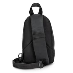 A black crossbody bag featuring a textured mesh back and an adjustable strap. It has a logo on the surface.