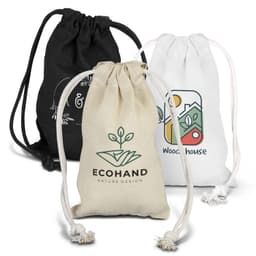 Three small cotton gift bags in black, white, and natural tones, each with a different design and logo.