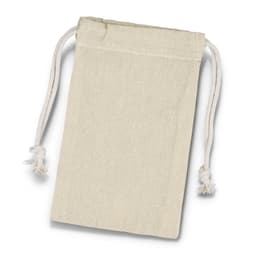 A small, cream cotton gift bag with drawstring ends and decorative tassels. It features a simple design and natural texture.