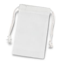 A small white cotton gift bag with drawstring closure and tassels. It features a simple design and is unbranded.