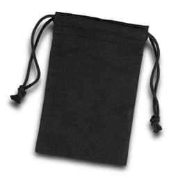 A small black cotton gift bag with drawstring closure. It features a simple design and has a logo.