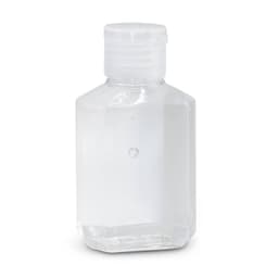 A clear 60ml bottle of hand sanitiser gel with a screw-top lid, featuring a simple design and no visible branding.