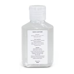 A clear 60ml bottle of hand sanitiser gel with a screw-top lid and a label containing instructions and ingredients.