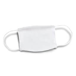 A reusable face mask in white with elastic ear straps and a branding logo.
