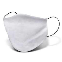 A reusable face mask in white with black ear loops, designed for a comfortable fit.